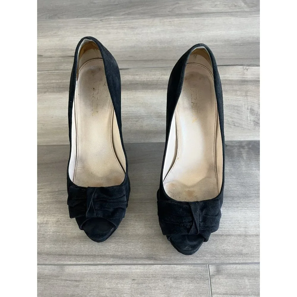 Prada Black Suede Open Toe Bow Pump All new Vibram Soles & Heel Taps Size 38-1/2 - Picture 6 of 12